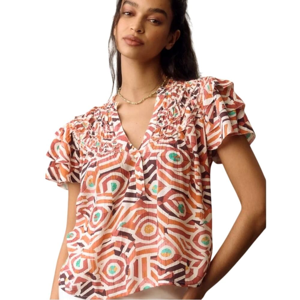 Maeve Tiered Sleeve Ruffle Blouse Womens Small Boho Tribal Top Anthropologie
